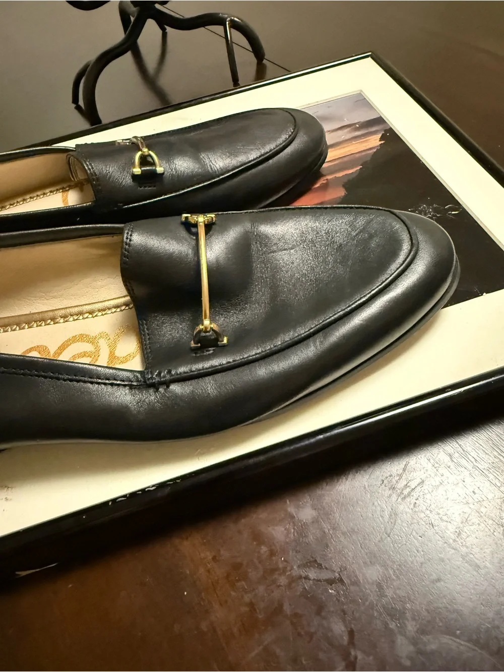 Sam Edelman Black Leather Espadrille-Style Loafers with Gold Accent